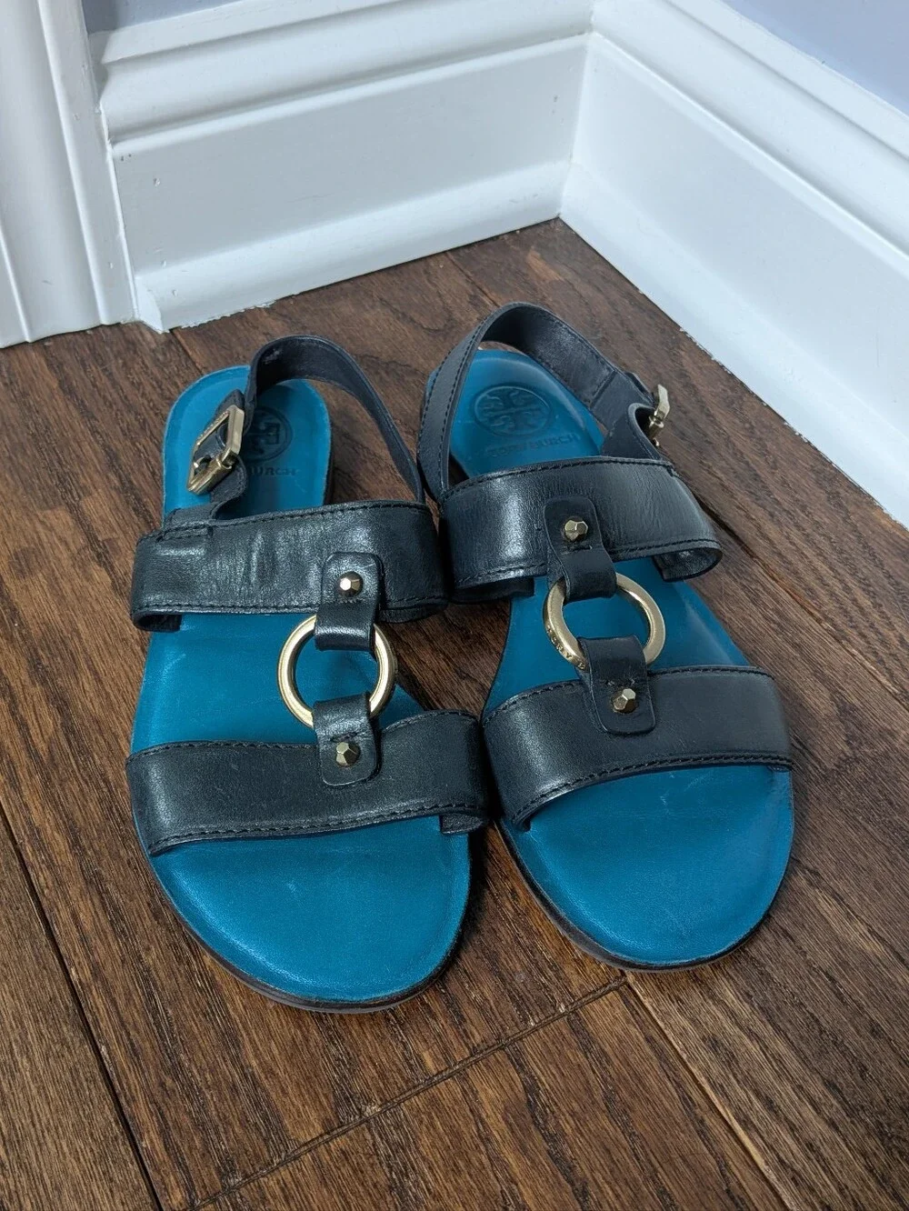 Tory Burch Women's Navy Blue Gold Leather Slingback Sandals Size 8